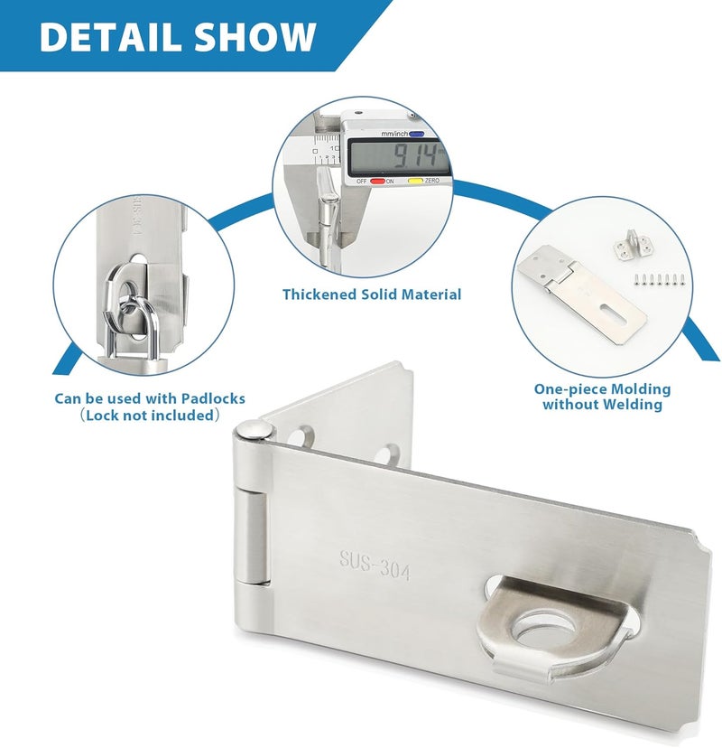 Mooche Door Lock Hasp Latch, Thicked SUS304 Stainless Steel Security Packlock Clasp Hasp Lock Latch for for Interior Door Front Door Toilet Door Barn Door Fence Door Garage Door Pet Room (Brushed, 4.21 Inch) - Image 5